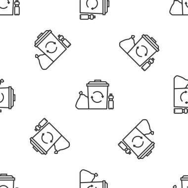 Geri dönüşüm sembolü simgesi olan gri çizgi geri dönüşüm kutusu beyaz arkaplanda izole edilmiş dikişsiz desen. Çöp kutusu simgesi. Çöp kutusu tabelası. Geri dönüşüm sepeti. Vektör İllüstrasyonu