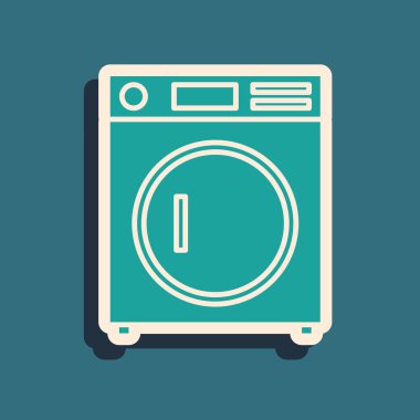 Yeşil Yıkıntı simgesi mavi arka planda yalıtılmış. Çamaşır makinesi simgesi. Çamaşır makinesi- çamaşır makinesi. Ev aletleri sembolü. Uzun gölge stili. Vektör İllüstrasyonu
