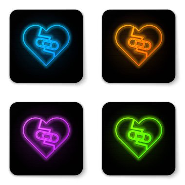 Parlayan neon iyileştirici kırık kalp ya da beyaz arka planda izole edilmiş boşanma ikonu. Parçalanmış ve kalbi yamalanmış. Aşk sembolü. Sevgililer Günü. Siyah kare düğme. Vektör İllüstrasyonu