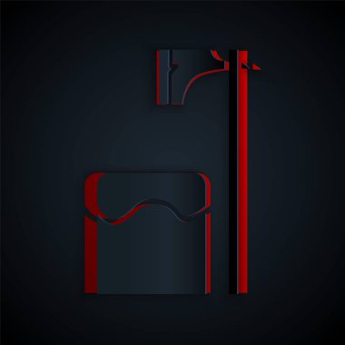 Kağıt kesiği, ağaç bloğu simgesinde siyah arkaplanda izole edilmiş Cellat baltası. Cellat, işkenceci, cellat, işkenceci, kasap, cellat. Kağıt sanatı tarzı. Vektör İllüstrasyonu