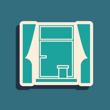 Mavi arka planda izole edilmiş oda simgesinde perdeleri olan yeşil pencere. Uzun gölge tarzı. Vektör İllüstrasyonu