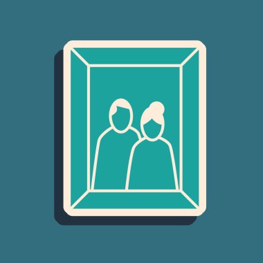 Masa simgesindeki yeşil resim çerçevesi mavi arkaplanda izole edilmiş. Sevgililer Günü sembolü. Uzun gölge tarzı. Vektör İllüstrasyonu