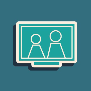 Masa simgesindeki yeşil resim çerçevesi mavi arkaplanda izole edilmiş. Uzun gölge tarzı. Vektör İllüstrasyonu