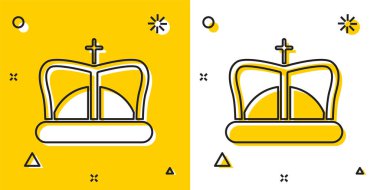 Siyah Kral taç ikonu sarı ve beyaz arkaplanda izole edilmiş. Rastgele dinamik şekiller. Vektör İllüstrasyonu