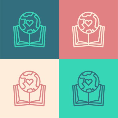 Renk çizgisi Dünya küresi ve kitap simgesi renk arkaplanında izole. Dünya ya da Dünya işareti. Küresel internet sembolü. Geometrik şekiller. Vektör İllüstrasyonu