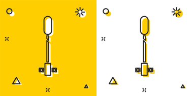 Siyah Meşale alev ikonu sarı ve beyaz arkaplanda izole edilmiş. Sembol ateşi sıcak, alev gücü, alev ve ısı. Rastgele dinamik şekiller. Vektör İllüstrasyonu