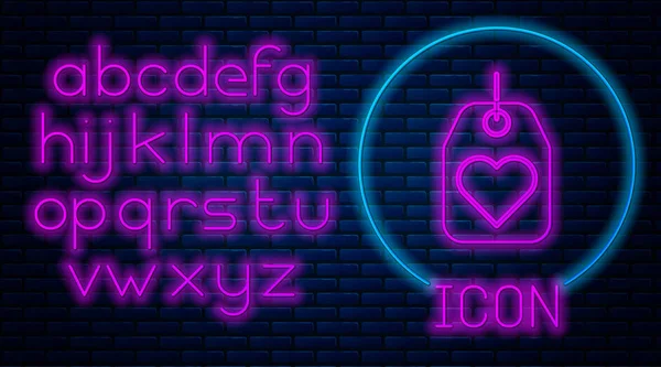 Zářící Neon Srdce Tag Ikona Izolované Cihlové Zdi Pozadí Symbol — Stockový vektor