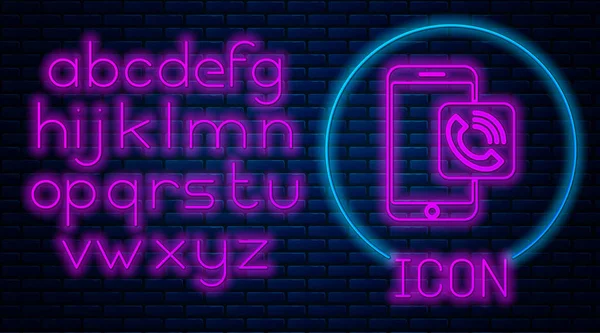 Glowing Neon Mobile Phone Call Icon Isolated Brick Wall Background — 스톡 벡터