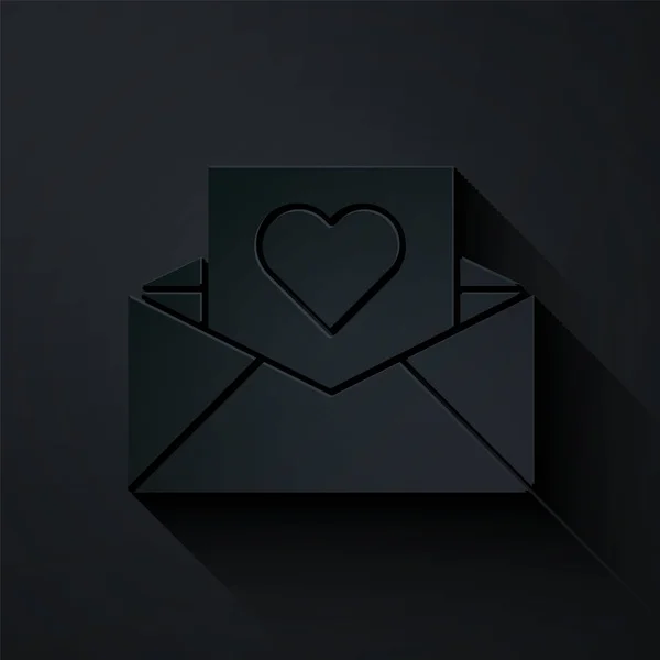 Papírový Střih Obálka Ikonou Valentýna Srdce Izolované Černém Pozadí Láska — Stockový vektor