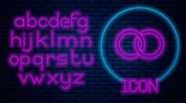 Gloeiende Neon Trouwringen Pictogram Geïsoleerd Bakstenen Muur Achtergrond Bruid Bruidegom — Stockvector