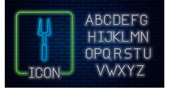 Leuchtende Neon Grillgabel Symbol Isoliert Auf Ziegelwand Hintergrund Grillgabelschild Vorhanden — Stockvektor