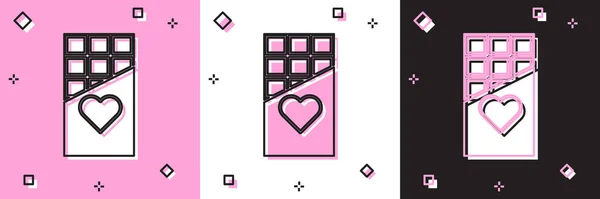 Set Chocolade Bar Pictogram Geïsoleerd Roze Witte Zwarte Achtergrond Valentijnsdag — Stockvector