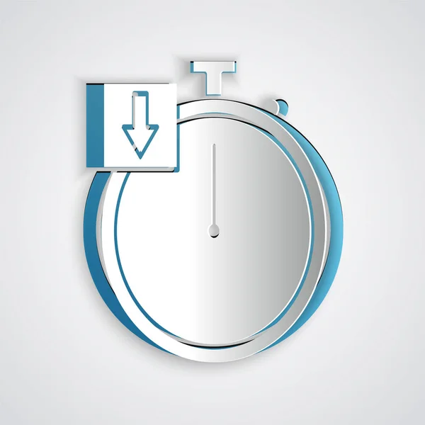 Papier Gesneden Stopwatch Pictogram Geïsoleerd Grijze Achtergrond Tijdklok Teken Chronometer — Stockvector