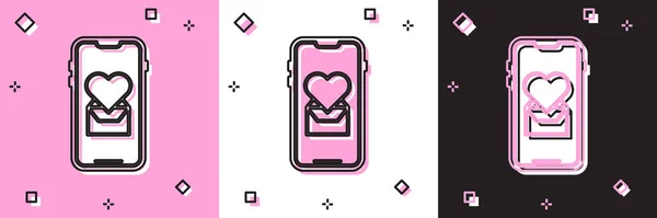 Set Mobiele Telefoon Met Hart Pictogram Geïsoleerd Roze Witte Zwarte — Stockvector