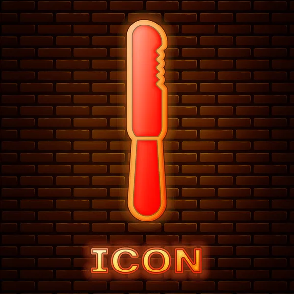 Glowing Neon Disposable Plastic Knife Icon Isolated Brick Wall Background — 스톡 벡터