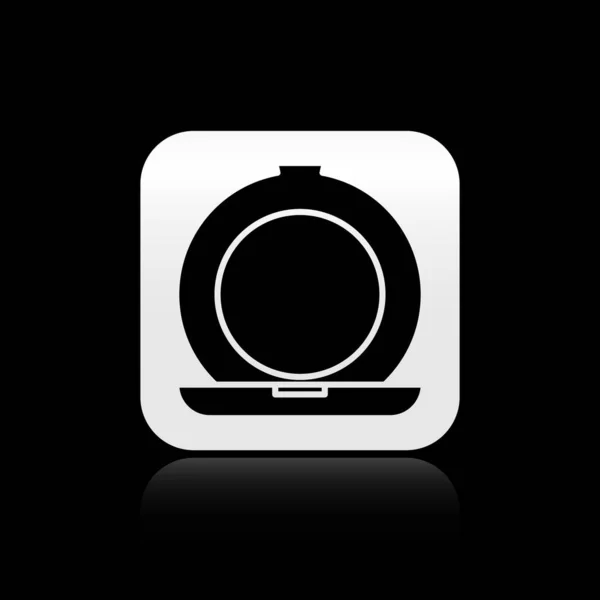 Schwarzer Schminkpuder Mit Spiegelsymbol Auf Schwarzem Hintergrund Silberner Quadratischer Knopf — Stockvektor