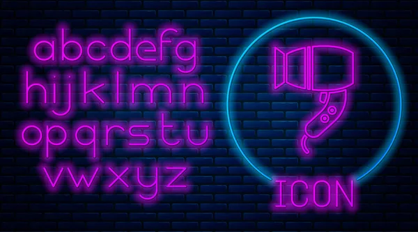 Gloeiende Neon Haardroger Pictogram Geïsoleerd Bakstenen Muur Achtergrond Haardroger Teken — Stockvector