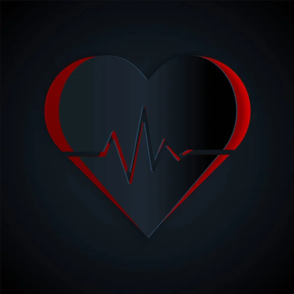 Paper Cut Heart Rate Icon Isolated Black Background Heartbeat Sign — Stock Vector