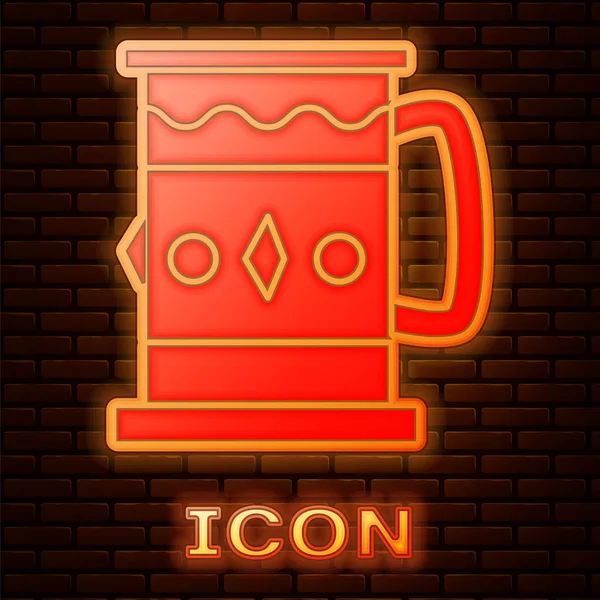 Glowing Neon Wooden Mug Icon Isolated Brick Wall Background Vector — Stock vektor