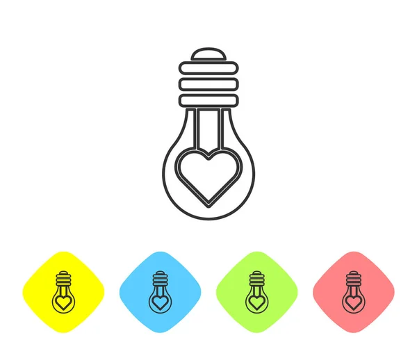 Grey Line Heart Shape Light Bulb Icon Isolated White Background — Stock Vector