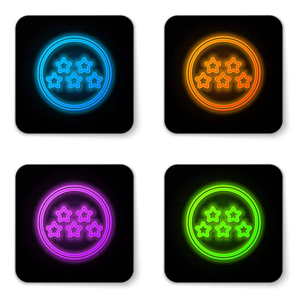 Parlayan neon beş yıldızlı müşteri ürün değerlendirme simgesi beyaz arkaplanda izole edildi. Favori, en iyi derecelendirme, ödül sembolü. Siyah kare düğme. Vektör İllüstrasyonu