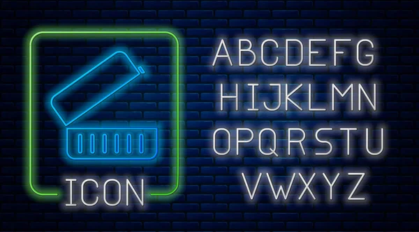 Leuchtende Neon Lunchbox Symbol Isoliert Auf Backsteinwand Hintergrund Neonlicht Alphabet — Stockvektor