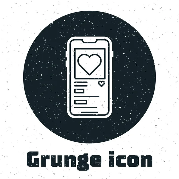 Grunge Téléphone Portable Avec Icône Coeur Isolé Sur Fond Blanc — Image vectorielle