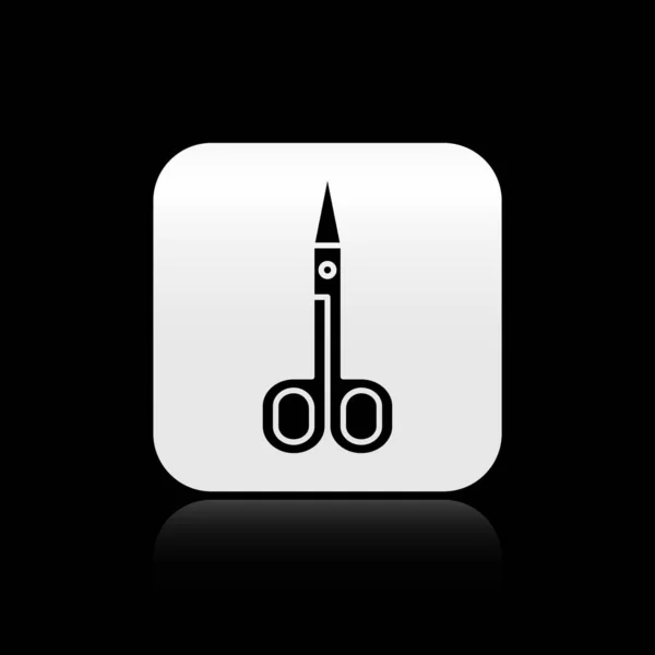 Ikona Černé Nůžky Izolované Černém Pozadí Značka Řezného Nástroje Stříbrný — Stockový vektor
