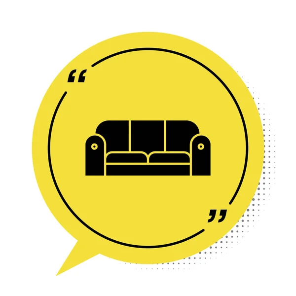 Black Sofa Icon Isolated White Background Yellow Speech Bubble Symbol — Stock Vector