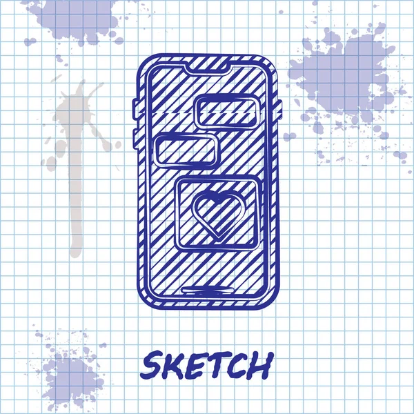 Sketch Line Téléphone Portable Avec Icône Coeur Isolé Sur Fond — Image vectorielle