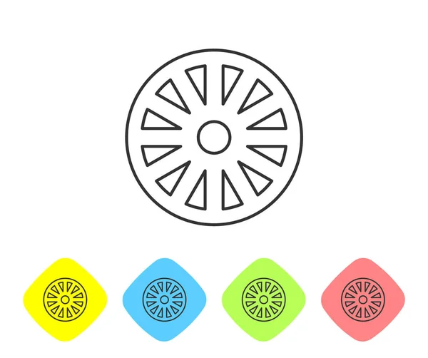 灰色线 白色背景上孤立的老式木制轮毂图标 设置图标在彩色菱形按钮 病媒图解 — 图库矢量图片
