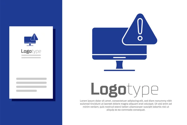 Blauwe Computer Monitor Met Uitroepteken Pictogram Geïsoleerd Witte Achtergrond Waarschuwing — Stockvector