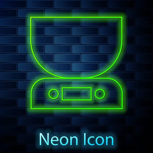 Glowing Neon Line Electronic Scales Icon Isolated Brick Wall Background — Stock Vector