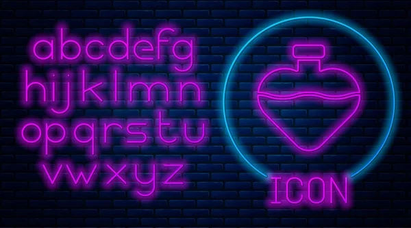 Gloeiende Neon Fles Met Liefdesdrankje Pictogram Geïsoleerd Bakstenen Muur Achtergrond — Stockvector