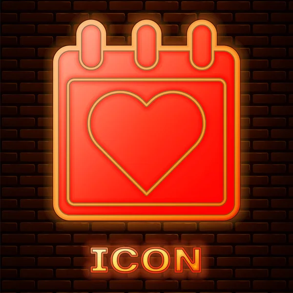 Glowing Neon Calendar Heart Icon Isolated Brick Wall Background Valentines — Stock Vector