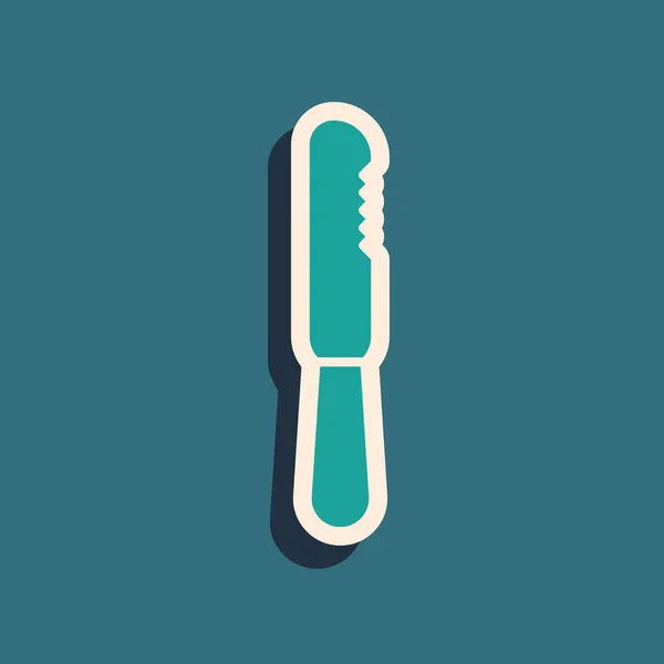 Зеленый Значок Пластикового Ножа Синем Фоне Длинный Стиль Тени Векторная — стоковый вектор