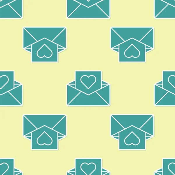 Green Envelope Valentine Heart Icon Isolated Seamless Pattern Yellow Background — 스톡 벡터