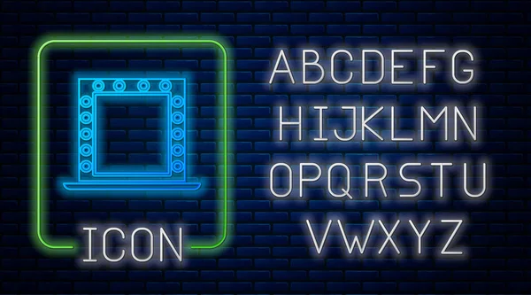 レンガの壁の背景に隔離されたライトアイコンとネオンメイクミラーを光る ネオンライトアルファベットベクターイラスト — ストックベクタ
