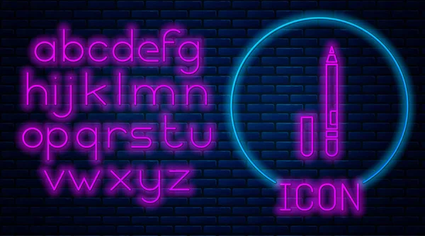 Ragyogó Neon Szemceruza Szemöldök Ikon Elszigetelt Téglafal Háttér Ceruza Szemnek — Stock Vector