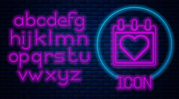 Zářící Neonový Kalendář Ikonou Srdce Izolované Pozadí Cihlové Zdi Valentýn — Stockový vektor