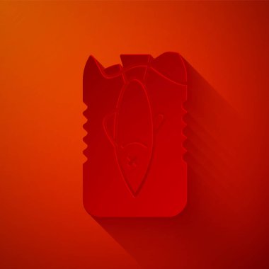 Kağıt kesiği. Kırmızı arkaplanda izole edilmiş okyanus plastik kirliliği ikonu. Çevre koruma kavramı. Balıklar plastiğe hayır der. Kağıt sanatı tarzı. Vektör İllüstrasyonu