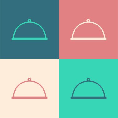 Color line Covered with a tray of food icon isolated on color background. Tray and lid. Restaurant cloche with lid. Kitchenware symbol.  Vector Illustration