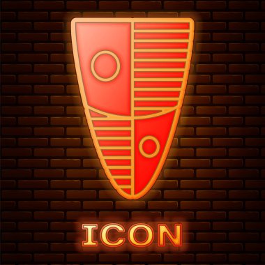 Parlayan neon kalkanı simgesi tuğla duvar arka planında izole edildi. Gardiyan. Güvenlik, güvenlik, koruma, gizlilik kavramı. Vektör İllüstrasyonu