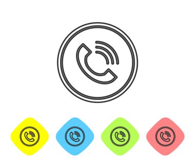 Gri çizgi telefon arama simgesi beyaz arkaplanda izole edildi. Renkli eşkenar dörtgen düğmelerine simgeleri yerleştir. Vektör İllüstrasyonu