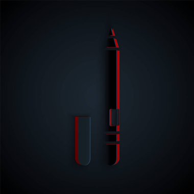 Kağıt kesiği göz kalemi, siyah arka planda izole edilmiş kaş simgesi. Gözler için kalem. Kağıt sanatı tarzı. Vektör İllüstrasyonu