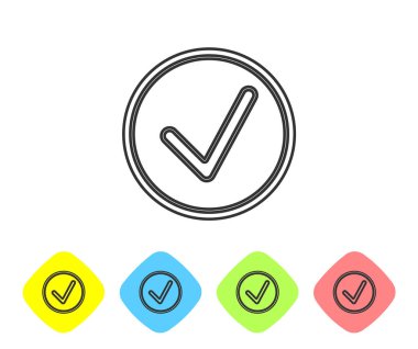 Grey line Check mark in circle icon isolated on white background. Choice button sign. Checkmark symbol. Set icons in color rhombus buttons. Vector Illustration
