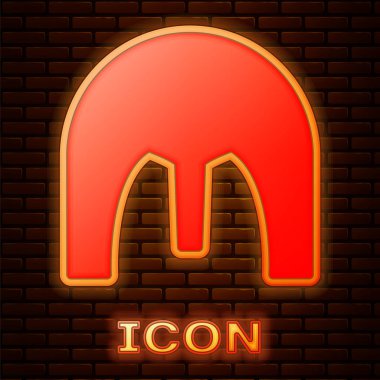 Glowing neon Medieval iron helmet for head protection icon isolated on brick wall background.  Vector Illustration