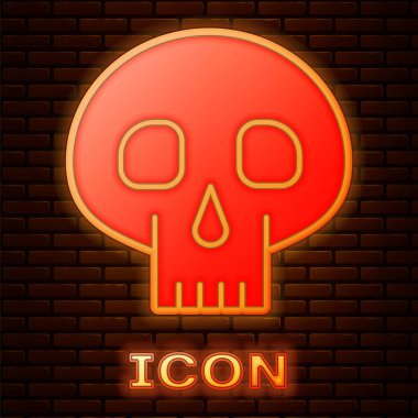 Glowing neon Skull icon isolated on brick wall background.  Vector Illustration