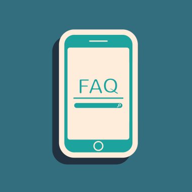 Green Mobile phone with text FAQ information icon isolated on blue background. Frequently asked questions. Long shadow style. Vector Illustration