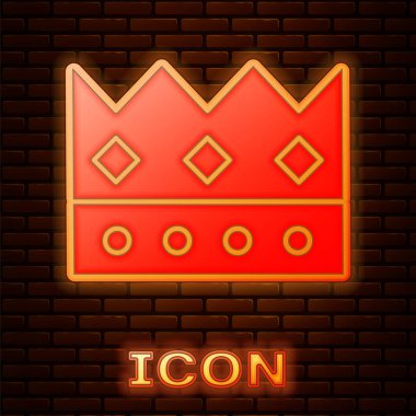 Glowing neon King crown icon isolated on brick wall background.  Vector Illustration